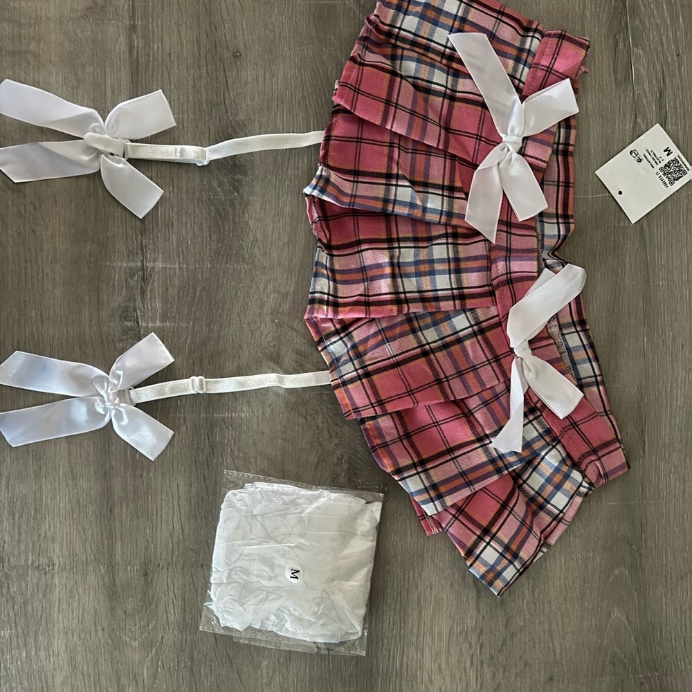 Cosplay schoolgirl costume with thigh high stockings